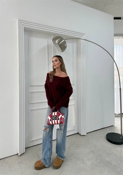 MADONNA YAKA ÖRGÜ DESENLİ KAZAK BORDO