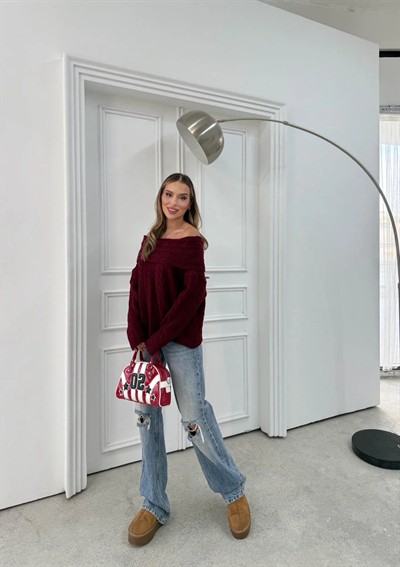 MADONNA YAKA ÖRGÜ DESENLİ KAZAK BORDO