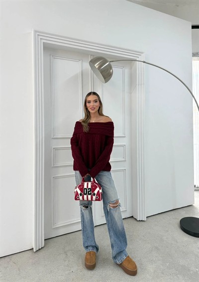 MADONNA YAKA ÖRGÜ DESENLİ KAZAK BORDO