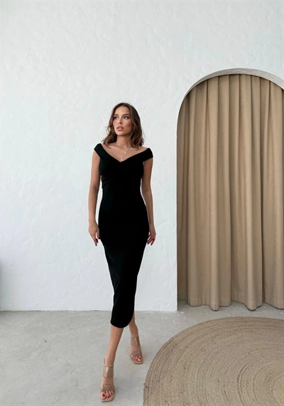 MADONNA YAKA OTTOMAN UZUN KALEM ELBİSE SİYAH