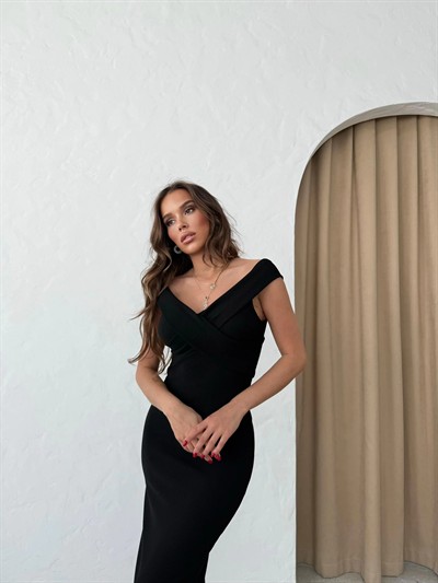 MADONNA YAKA OTTOMAN UZUN KALEM ELBİSE SİYAH