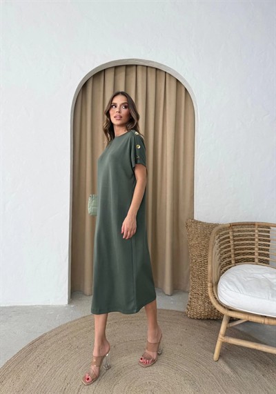 MODAL KUMAŞ OMUZ AKSESUAR DETAY ELBİSE HAKİ