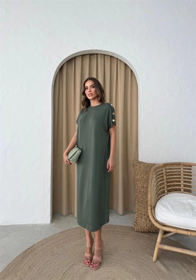 MODAL KUMAŞ OMUZ AKSESUAR DETAY ELBİSE HAKİ