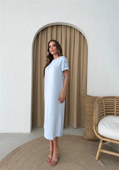 MODAL KUMAŞ OMUZ AKSESUAR DETAY ELBİSE MAVİ