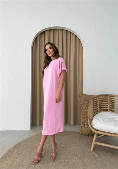 MODAL KUMAŞ OMUZ AKSESUAR DETAY ELBİSE PEMBE