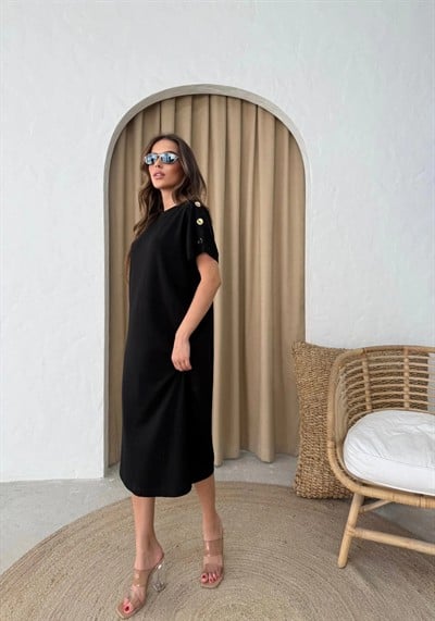 MODAL KUMAŞ OMUZ AKSESUAR DETAY ELBİSE SİYAH