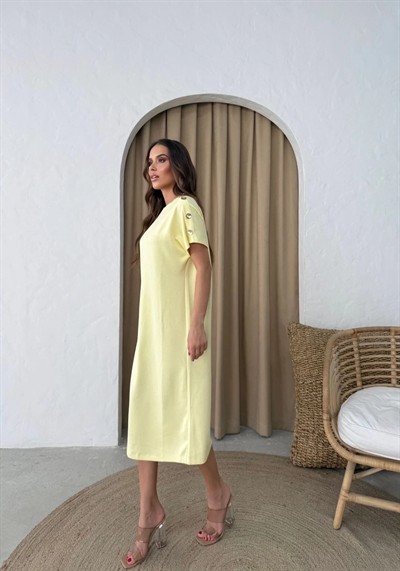 MODAL KUMAŞ OMUZ AKSESUAR DETAY ELBİSE SARI