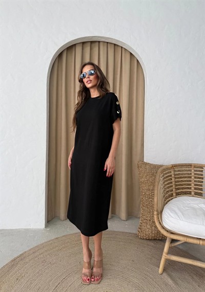 MODAL KUMAŞ OMUZ AKSESUAR DETAY ELBİSE SİYAH