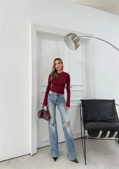 MODAL KUMAŞ PARMAK GEÇMELİ BASİC BLUZ BORDO