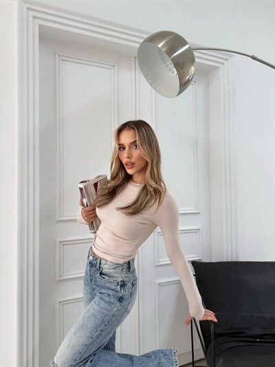 MODAL KUMAŞ PARMAK GEÇMELİ BASİC BLUZ KREM