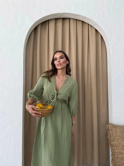 MÜSLİN KUMAŞ KARPUZ KOL UZUN ELBİSE HAKİ