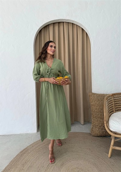 MÜSLİN KUMAŞ KARPUZ KOL UZUN ELBİSE HAKİ