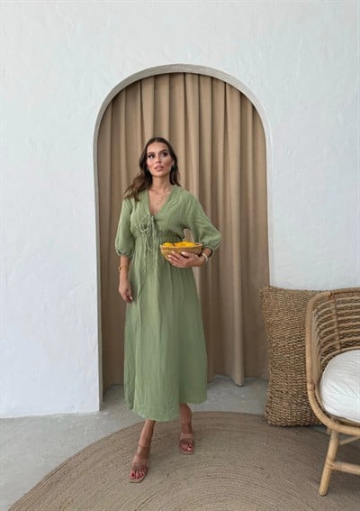 MÜSLİN KUMAŞ KARPUZ KOL UZUN ELBİSE HAKİ