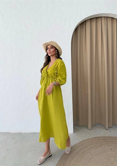 MÜSLİN KUMAŞ KARPUZ KOL UZUN ELBİSE YAĞ YEŞİLİ