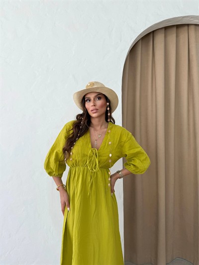 MÜSLİN KUMAŞ KARPUZ KOL UZUN ELBİSE YAĞ YEŞİLİ