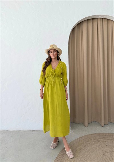 MÜSLİN KUMAŞ KARPUZ KOL UZUN ELBİSE YAĞ YEŞİLİ