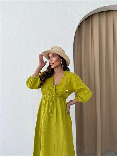 MÜSLİN KUMAŞ KARPUZ KOL UZUN ELBİSE YAĞ YEŞİLİ