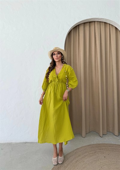 MÜSLİN KUMAŞ KARPUZ KOL UZUN ELBİSE YAĞ YEŞİLİ