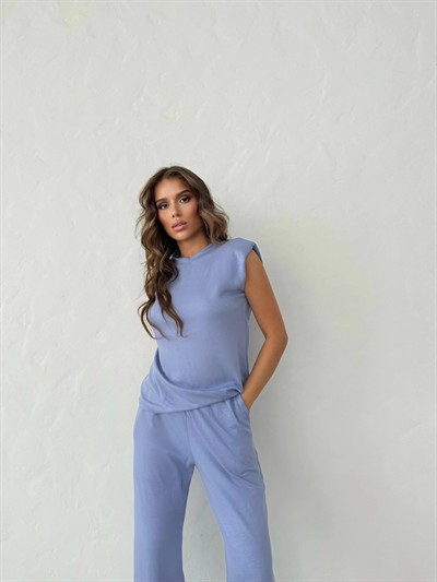 OMUZ VATKALI BLUZ VE PANTOLONLU MODAL KUMAŞ İKİLİ TAKIM LİLA