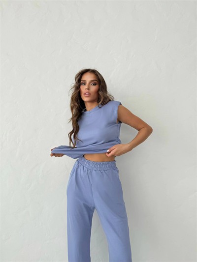 OMUZ VATKALI BLUZ VE PANTOLONLU MODAL KUMAŞ İKİLİ TAKIM LİLA