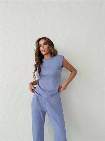 OMUZ VATKALI BLUZ VE PANTOLONLU MODAL KUMAŞ İKİLİ TAKIM LİLA