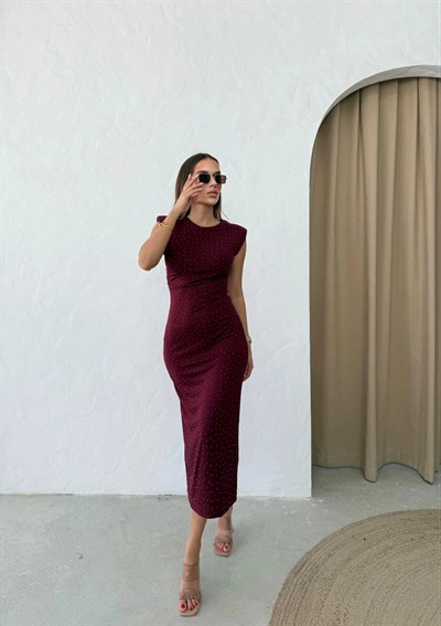 OMUZ VATKALI TAŞLI UZUN KALEM ELBİSE BORDO