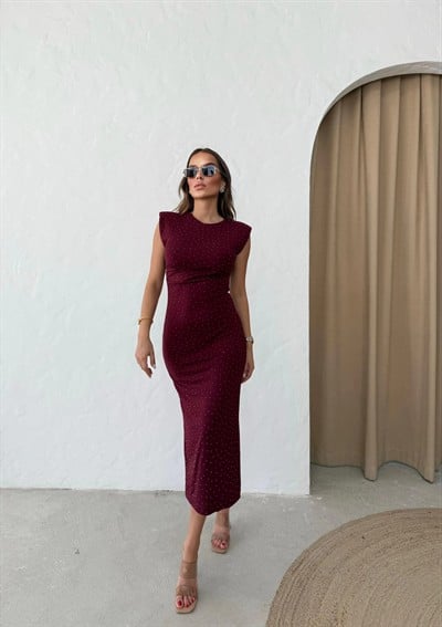 OMUZ VATKALI TAŞLI UZUN KALEM ELBİSE BORDO