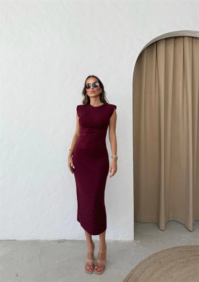 OMUZ VATKALI TAŞLI UZUN KALEM ELBİSE BORDO