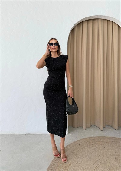 OMUZ VATKALI TAŞLI UZUN KALEM ELBİSE SİYAH