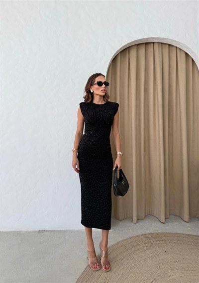 OMUZ VATKALI TAŞLI UZUN KALEM ELBİSE SİYAH