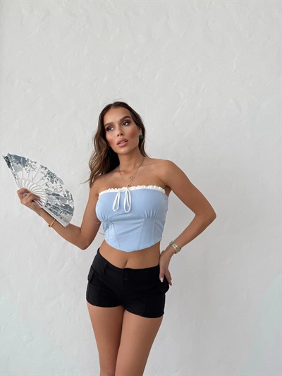 ÖN BAĞLAMALI STRAPLEZ CROP MAVİ