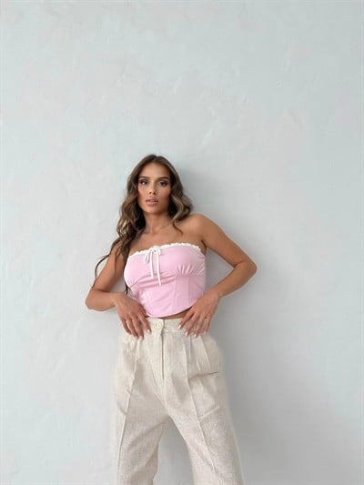 ÖN BAĞLAMALI STRAPLEZ CROP PEMBE
