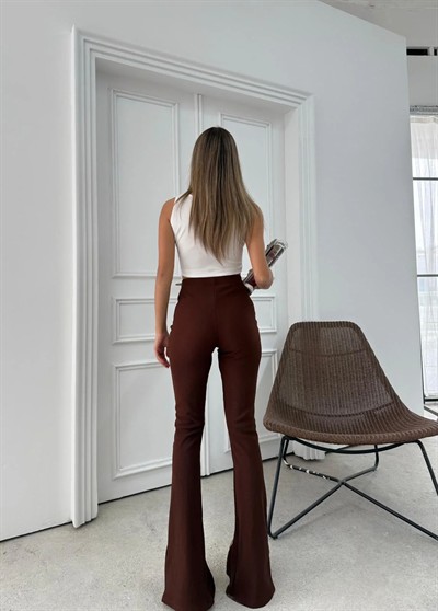 ÖN YIRTMAÇLI YÜKSEK BEL OTTOMAN PANTOLON KAHVE