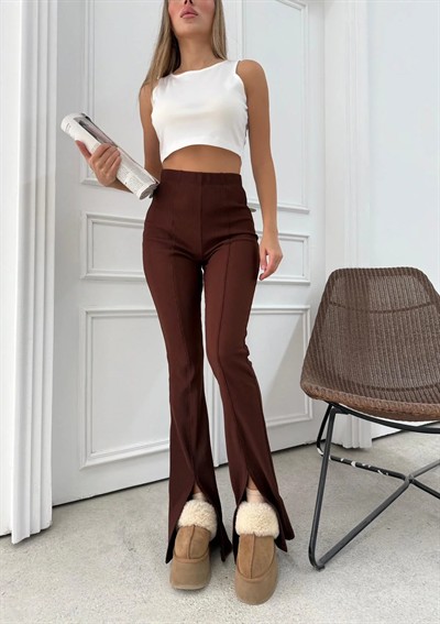 ÖN YIRTMAÇLI YÜKSEK BEL OTTOMAN PANTOLON KAHVE