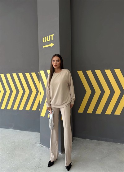 OYS KUMAŞ SWEAT VE PANTOLONLU İKİLİ TAKIM BEJ