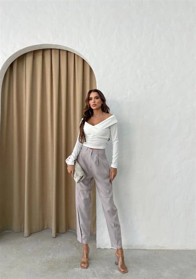 PAÇA DÜĞME DETAY YÜKSEK BEL KUMAŞ PANTOLON GRİ