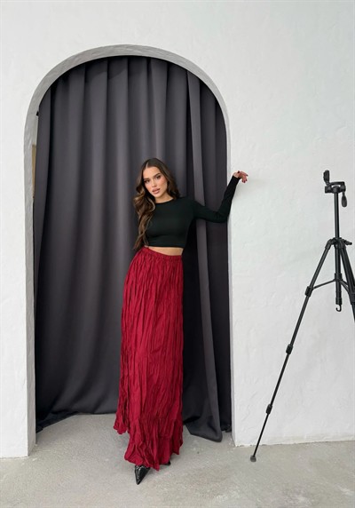 PİLİSELİ UZUN KRAŞ ETEK BORDO