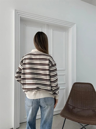 POLO YAKA ÇİZGİLİ OVERSİZE TRİKO KAZAK KAHVE