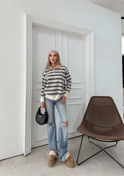 POLO YAKA ÇİZGİLİ OVERSİZE TRİKO KAZAK SİYAH