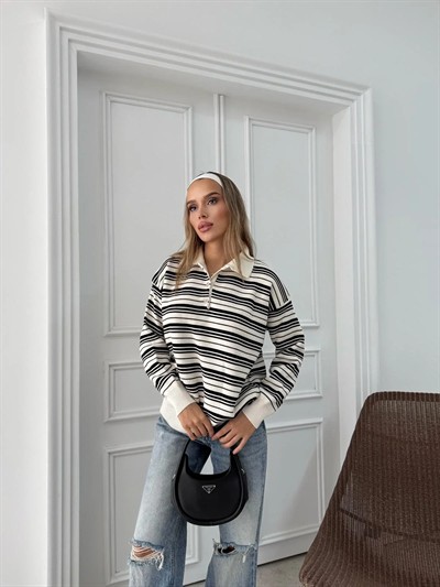 POLO YAKA ÇİZGİLİ OVERSİZE TRİKO KAZAK SİYAH