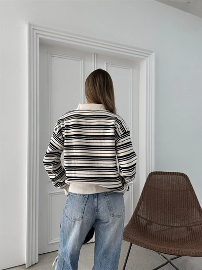 POLO YAKA ÇİZGİLİ OVERSİZE TRİKO KAZAK SİYAH