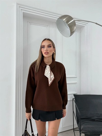 POLO YAKA FULARLI OVERSİZE TRİKO KAZAK KAHVE