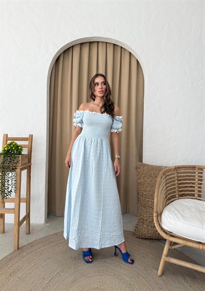 PONPONLU GİPELİ KETEN UZUUN ELBİSE MAVİ