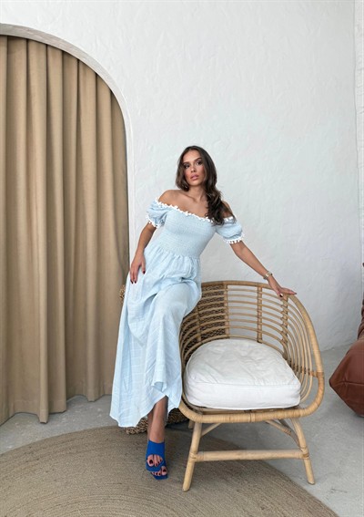 PONPONLU GİPELİ KETEN UZUUN ELBİSE MAVİ