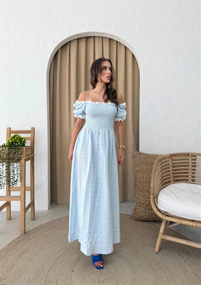 PONPONLU GİPELİ KETEN UZUUN ELBİSE MAVİ