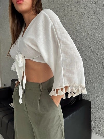 PONPONLU KOL DETAY ÖN BAĞLAMALI KETEN BLUZ