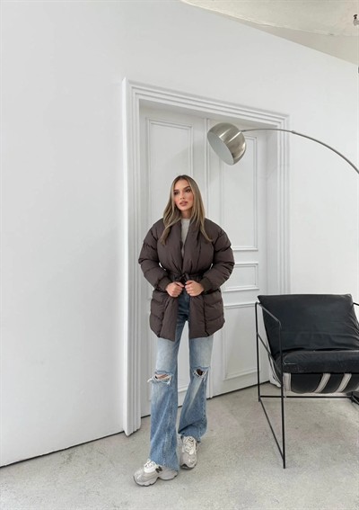 ŞAL YAKA BEL KUŞAKLI ÇİFT CEP ŞİŞME MONT KAHVE