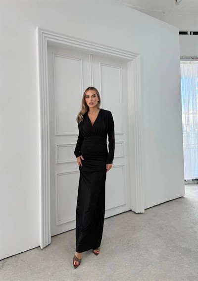 SANDY V YAKA DRAPELİ UZUN KALEM ELBİSE SİYAH