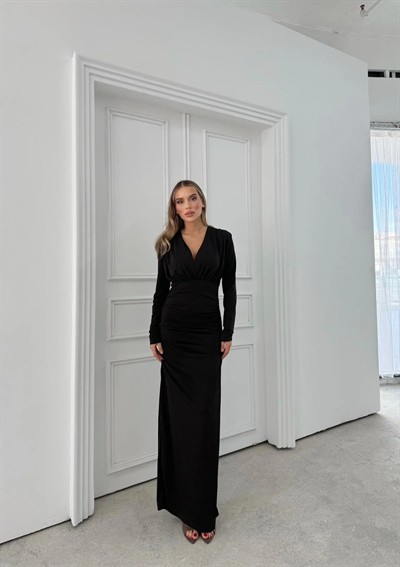 SANDY V YAKA DRAPELİ UZUN KALEM ELBİSE SİYAH