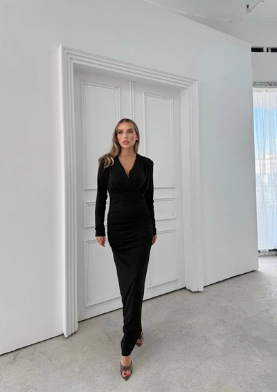 SANDY V YAKA DRAPELİ UZUN KALEM ELBİSE SİYAH